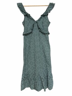 NEXT Sage Green Eyelet Ruffle Cotton Midi Dress  size 12